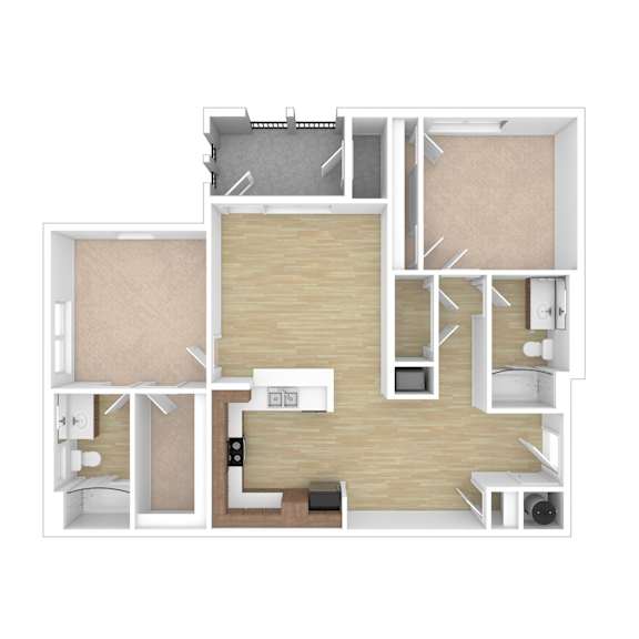 A floor plan of a house with a kitchen, living room, and two bedrooms.