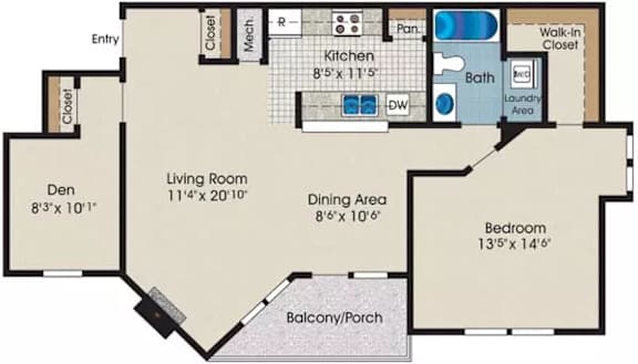 A floor plan of a house with a living room, dining area, kitchen, bath, and bedroom.