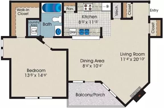 A floor plan of a house with a bedroom, bathroom, laundry area, kitchen, dining area, living room, and balcony.