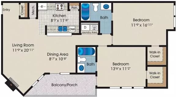 A floor plan of a house with a living room, dining area, kitchen, and three bedrooms.