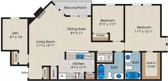 A floor plan of a house with a den, two bedrooms, a dining area, a living room, a kitchen, a laundry area, and a walk-in closet.