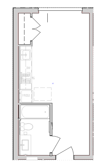 A floor plan of a house with a kitchen, bathroom, and bedrooms.