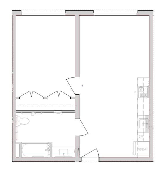 A floor plan of a room with a kitchen, bathroom, and bed.