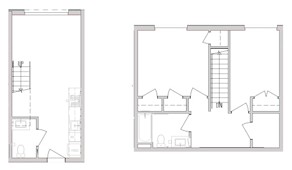 Two floor plans of a house with a staircase.