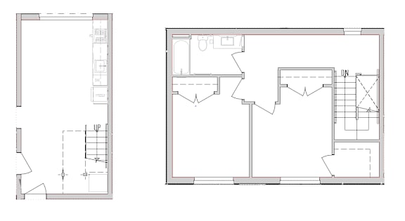 Two floor plans for a house, one with a kitchen and one with a bathroom.