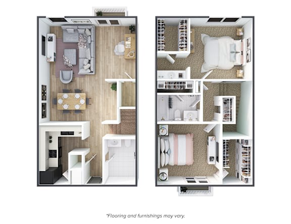 Two floor plans of a house with a note that says "Flooring and furnishings may vary.".