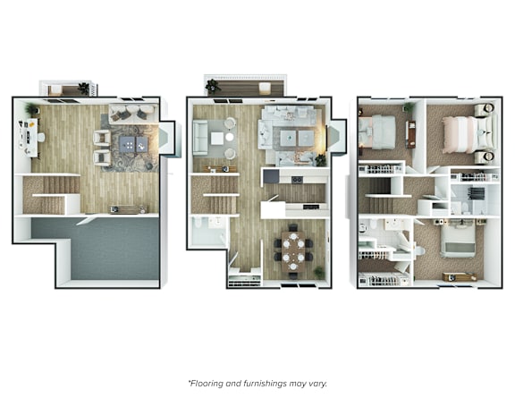 Three different layouts of a house are shown.