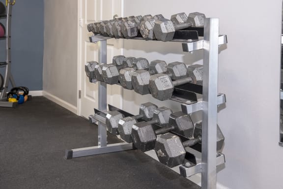 a pile of rock weights on a metal rack in a room