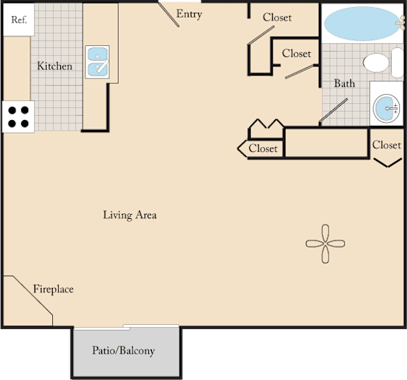 A floor plan of a house with a kitchen, living area, bathroom, and closets.