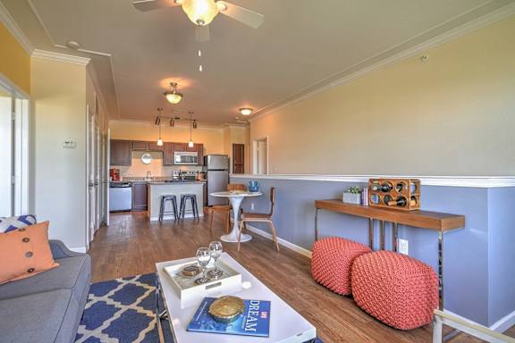 a living room with a couch and a table