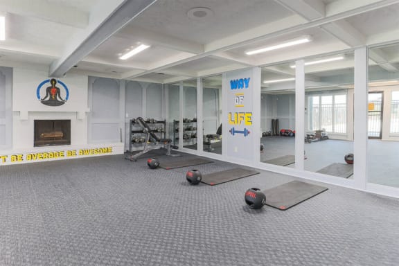 the gym with weights and a fireplace