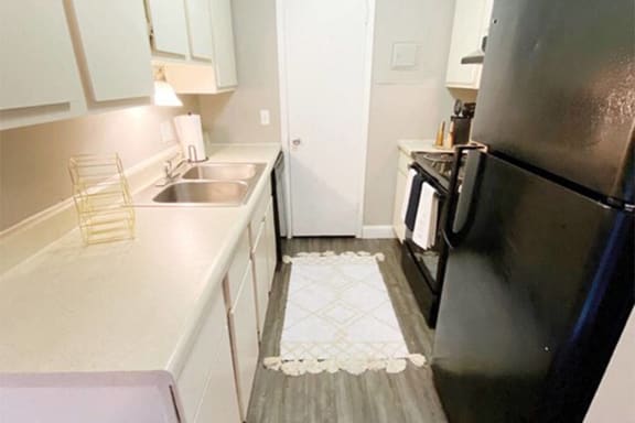 a kitchen with a black refrigerator and a sink