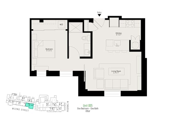 A floor plan of an apartment with a living room, kitchen, and two bedrooms.