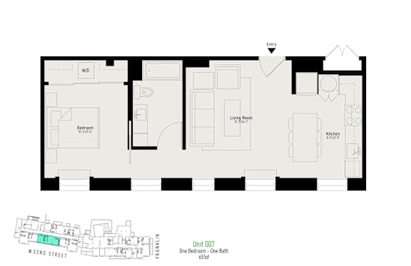A floor plan of a one bedroom apartment on W32nd street.
