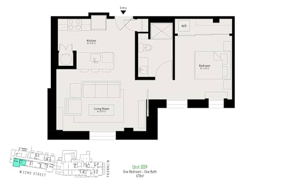 A floor plan of an apartment with a kitchen, living room, and bedrooms.