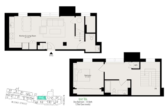 A floor plan of a one bedroom apartment with 1-15 baths.