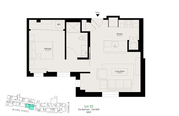 Floor plan of a unit with a living room, kitchen, and bedroom.