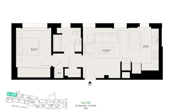 Floor plan of an apartment with a living room, bedroom, and kitchen.
