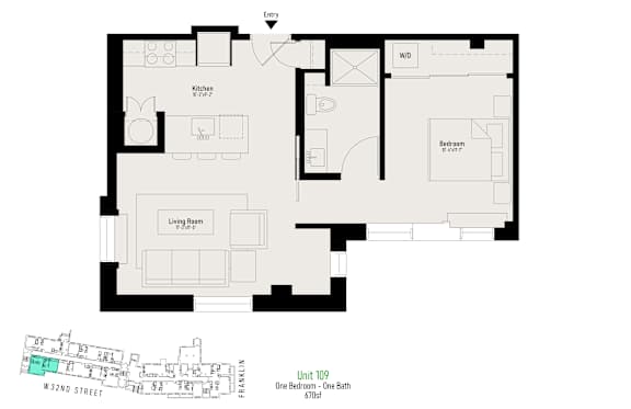 A floor plan of a one bedroom apartment with a living room and kitchen area.