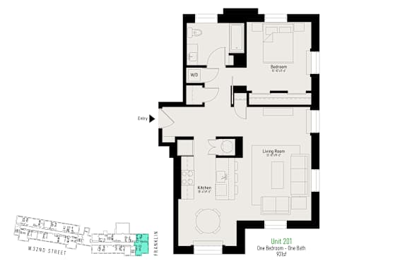 A floor plan of an apartment on W 32nd street.