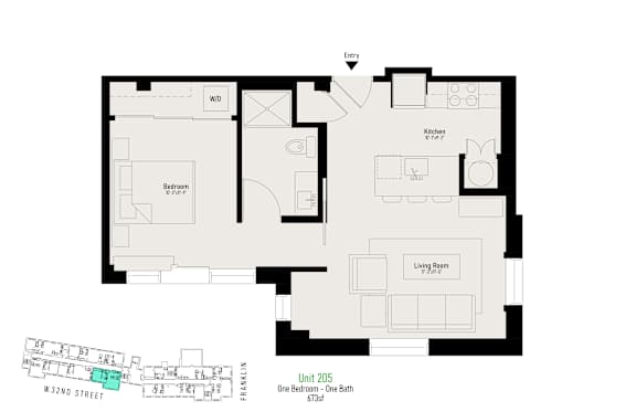 Floor plan of a home with a living room, kitchen, and two bedrooms.