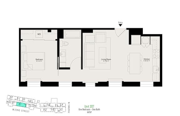A floor plan of a one bedroom, one bath unit.