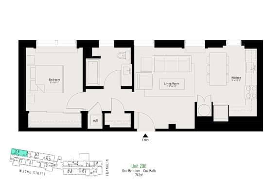 Floor plan of an apartment with a living room, kitchen, and bathroom.