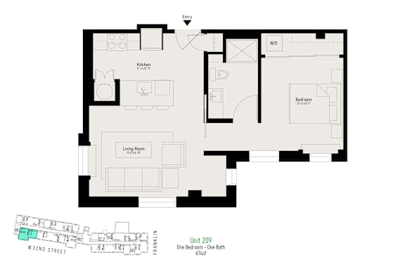 A floor plan of a unit with a kitchen, living room, and bedroom.