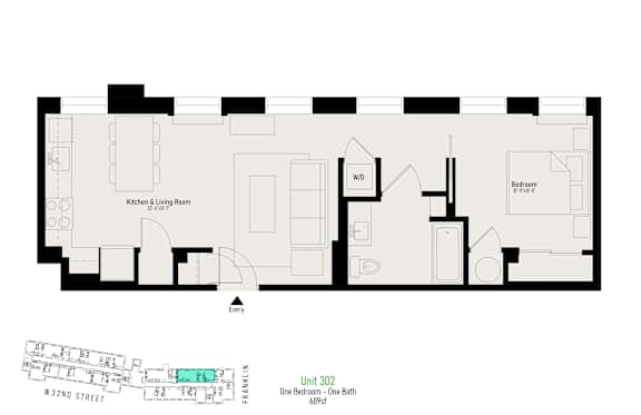Floor plan of an apartment at 302 W 32nd St shows a kitchen, living room, and one bedroom.