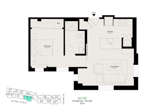 A floor plan of an apartment with a living room, kitchen, and bedrooms.