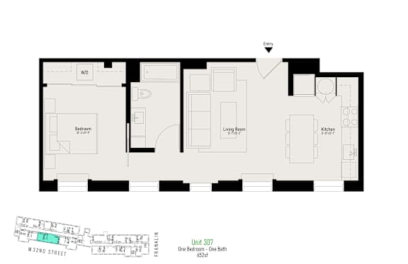 A floor plan of a one bedroom apartment on W32nd street.