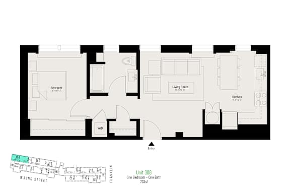 A floor plan of an apartment with a living room, kitchen, and two bathrooms.