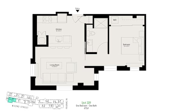 Floor plan of a unit with a living room, kitchen, and bedrooms.