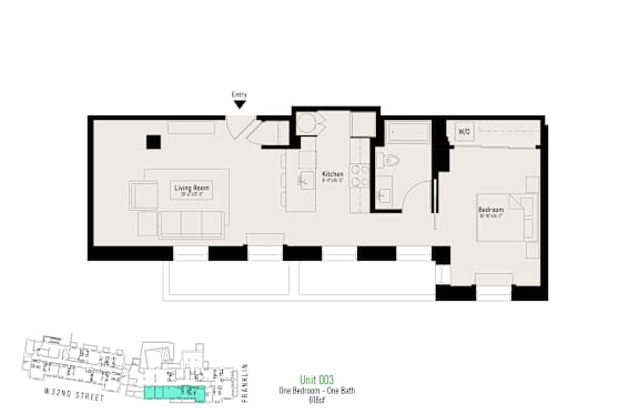 Floor plan of a one bedroom apartment on W 32nd street.