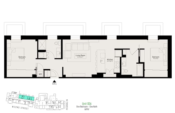 A floor plan of an apartment with a living room, kitchen, and two bedrooms.