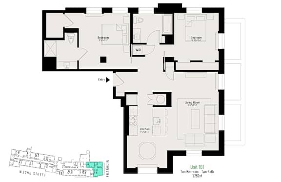 A floor plan of an apartment with two bedrooms, a living room, a kitchen, and a bathroom.