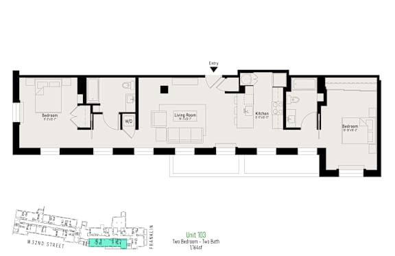 A floor plan of a two bedroom apartment on W 32nd street.