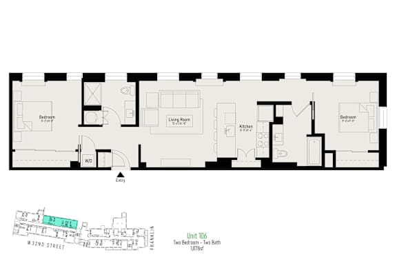 A floor plan of an apartment with two bedrooms, a living room, a kitchen, and a bathroom.