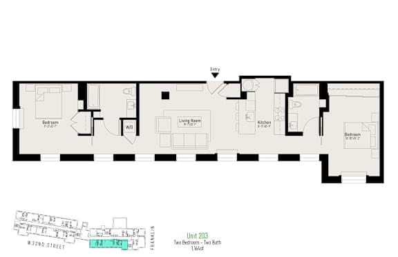 A floor plan of a residence at 32nd street with two bedrooms and two bathrooms.