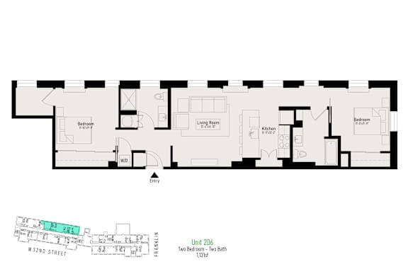 A floor plan of a two bedroom apartment on W 32nd street.