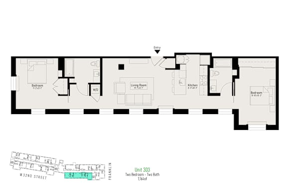 A floor plan of an apartment with a living room, kitchen, and two bathrooms.
