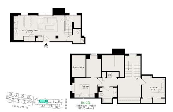 A floor plan of a two-bedroom, two bathroom apartment at 304 W 32nd St.