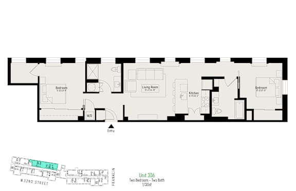 A floor plan of an apartment with two bedrooms, a living room, a kitchen, and a bathroom.