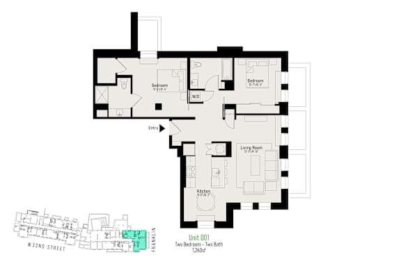 A floor plan of an apartment on W 32nd street.