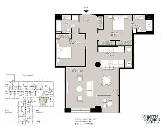 A floor plan of a two bedroom apartment with a detailed layout of the rooms.