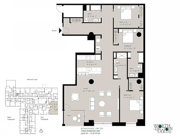 A floor plan of a three bedroom unit with a detailed layout.