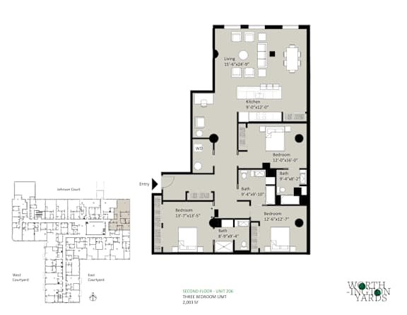 A floor plan for a three bedroom unit at Worthy Yards shows the layout of the rooms.