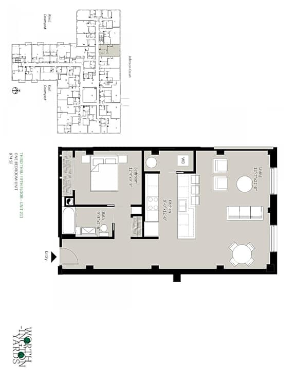 A floor plan of a building with rooms and dimensions.