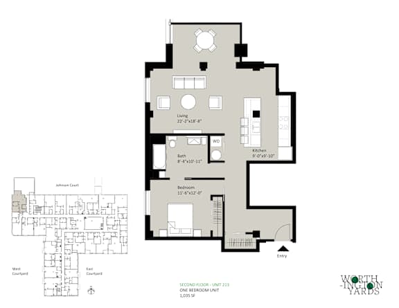 A floor plan for a home with a living room, kitchen, and two bathrooms.