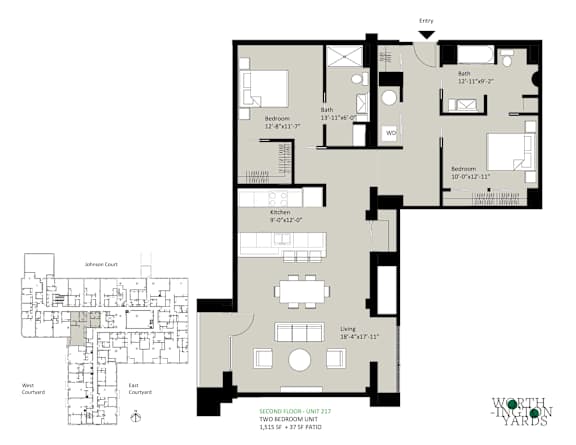 A floor plan of a two bedroom unit with a detailed inset of the second floor.